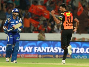 Sunrisers Hyderabad player Barinder Singh Sran celebrates the wicket of Mumbai Indians player Parthiv Patel. BCCI