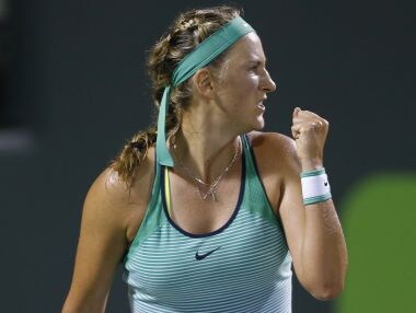 Victoria Azarenka reacts after winning the first set against Angelique Kerber during the Miami Open. AP