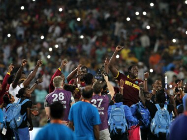The West Indian contingent celebrating after the men joined the women in winning the World T20. Solaris Images