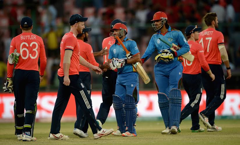 Shafiqullah and Shapoor Zadran of Afghanistan after game against England at Feroz Shah Kotla Ground. Solaris