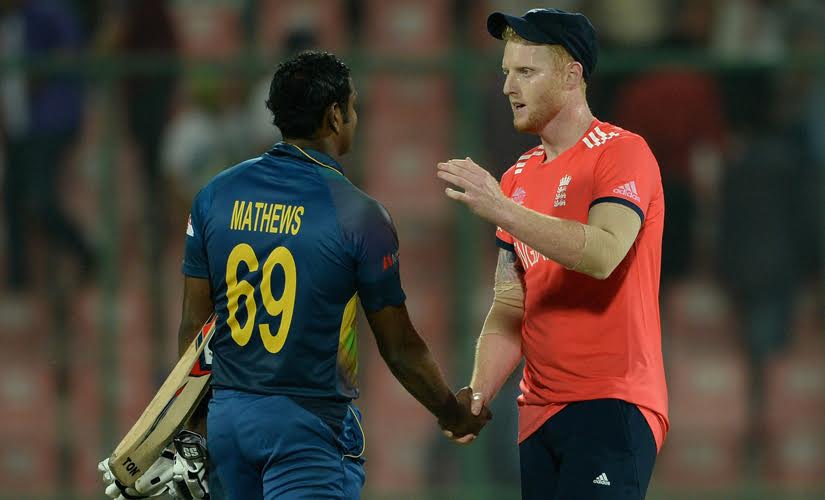 Ben Stokes of England shakes hands with Angelo Mathews Sri Lanka at Feroz Shah Kotla Ground. Solaris