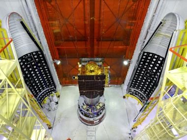 IRNSS-1G spacecraft integrated with PSLV-C33 with two halves of the heat shields. Photo courtesy: Isro