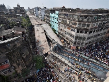 An aerial view of the site where an under-construction flyover collapsed in Kolkata. PTI