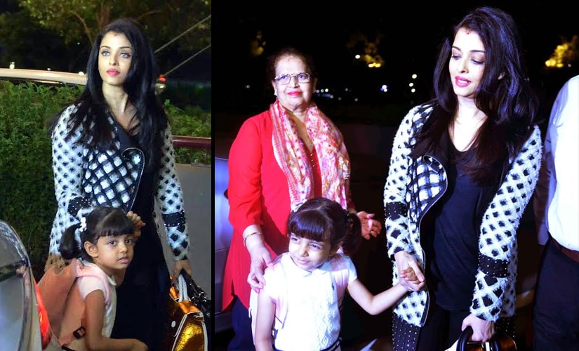 Aishwarya Rai Bachchan with mother Vrinda Rai and daughter Aaradhya at the Mumbai International Airport. Image by Sachin Gokhale/Firstpost