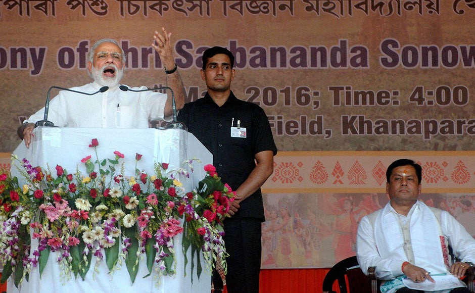 Addressing the huge gathering at the Veterinary College Ground in Guwahati's Khanapara, PM Modi said Assam is an important centre for development in all of northeast. Starting his speech in Assamese, the PM hailed the newly-elected Sonowal as a soft-spoken and a development-driven leader. PTI Addressing the huge gathering at the Veterinary College Ground in Guwahati's Khanapara, PM Modi said Assam is an important centre for development in all of northeast. Starting his speech in Assamese, the PM hailed the newly-elected Sonowal as a soft-spoken and a development-driven leader. PTI