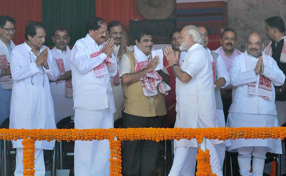 Sonowal's swearing-in ceremony was nothing short of a grand event. Starting from all BJP bigwigs, including veteran LK Advani, PM Narendra Modi, Union Home Minister Rajnath Singh and party chief Amit Shah, all the chief ministers from NDA-ruled states were present at the event. PTI Sonowal's swearing-in ceremony was nothing short of a grand event. Starting from all BJP bigwigs, including veteran LK Advani, PM Narendra Modi, Union Home Minister Rajnath Singh and party chief Amit Shah, all the chief ministers from NDA-ruled states were present at the event. PTI