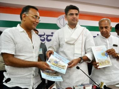 Congress leader Sachin Pilot with party leaders releasing a booklet in connection with the two years of NDA Government at a press conference at KPCC office in Bengaluru on Saturday. PTI