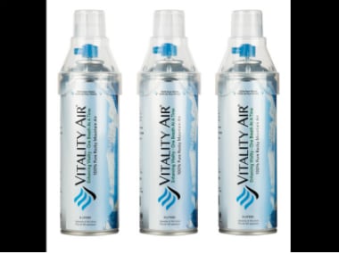 The cans of fresh air sold by Vitality Air. vitalityair.com