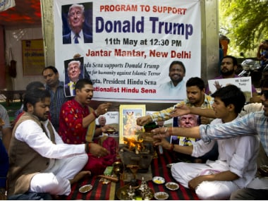 Activists of right-wing Hindu Sena or Hindu Army conducted havan to ensure a win for Republican presidential candidate Donald Trump in New Delhi on Wednesday. AP