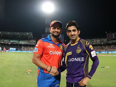 Gujarat Lions captain Suresh Raina and Kolkata Knight Riders captain Gautam Gambhir shake at the toss. SportzPics