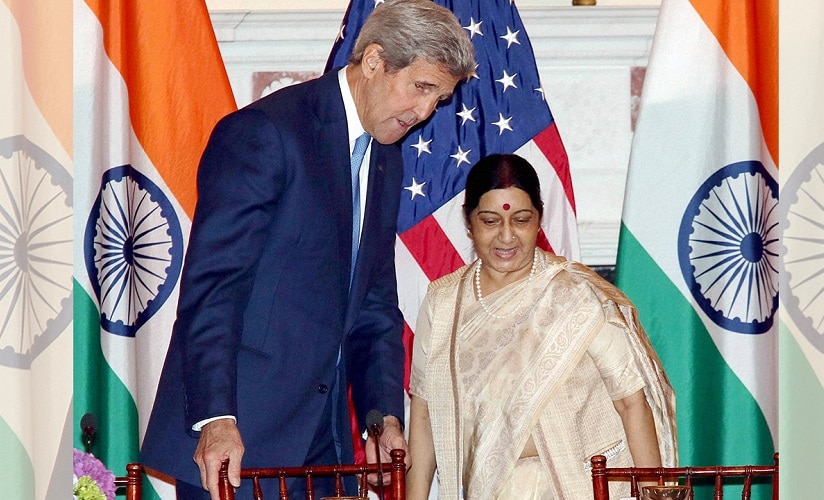 File image of Sushma Swaraj and John Kerry. PTI