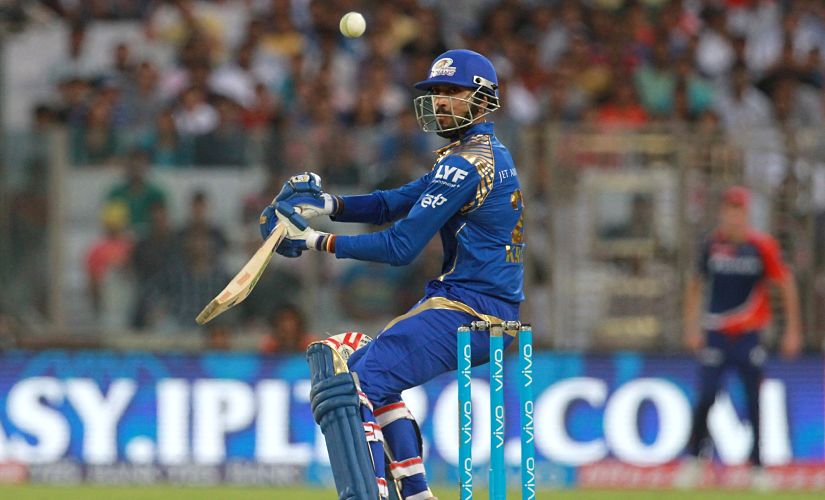 Mumbai Indians player Krunal Pandya plays a shot during the match against Delhi Daredevils. SportzPics