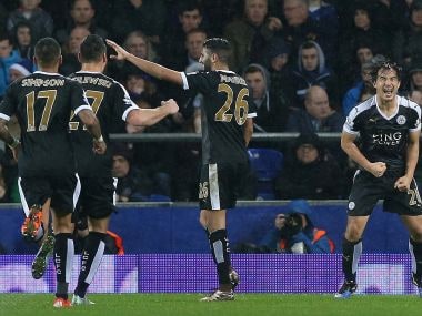 Leicester City players celebrate scoring against Everton. Getty Images