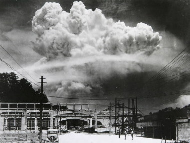 View of the radioactive plume from the bomb dropped on Nagasaki City, as seen from 9.6 km away, in Koyagi-jima, Japan, August 9, 1945. Getty images