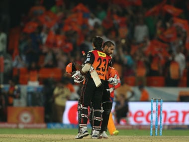 Naman Ojha of Sunrisers Hyderabad and Shikhar Dhawan of Sunrisers Hyderabad celebrate as Sunrisers Hyderabad beat Gujarat Lions by 5 wickets during match 34 of the Vivo IPL 2016 (Indian Premier League) between the Sunrisers Hyderabad and the Gujarat Lions held at the Rajiv Gandhi Intl. Cricket Stadium, Hyderabad on the 6th May 2016 Photo by Shaun Roy / IPL/ SPORTZPICS