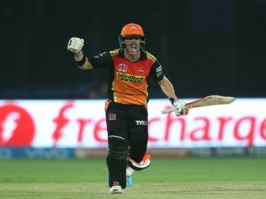 Sunrisers Hyderabad captain David Warner celebrates after hitting the winning runs. BCCI
