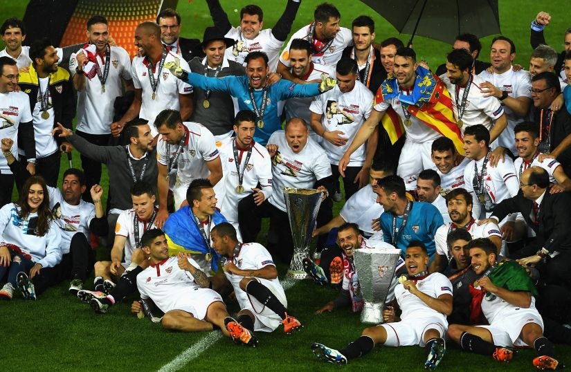 Sevilla players celebrate their third Europa League title. Getty Images