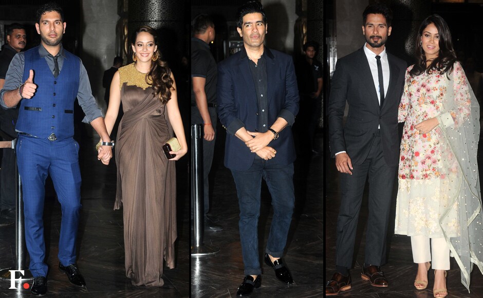 (L to R) Cricketer Yuvraj Singh with fiancé, Hazel Keech, Designer Manish Malhotra and Shahid Kapoor with pregnant wife, Mira Rajput. Firstpost/Sachin Gokhale (L to R) Cricketer Yuvraj Singh with fiancé, Hazel Keech, Designer Manish Malhotra and Shahid Kapoor with pregnant wife, Mira Rajput. Firstpost/Sachin Gokhale