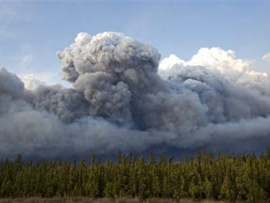 Smoke rises above trees as a wildfire burns in Fort McMurray, Alberta. AP