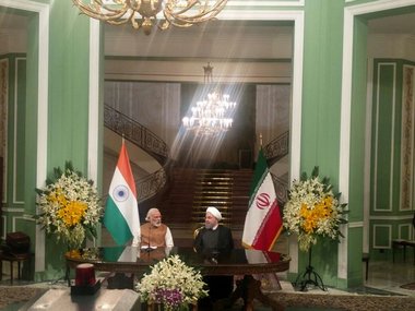 When Narendra Modi met Hassan Rouhani in Tehran. Image credit: Twitter @MEAIndia