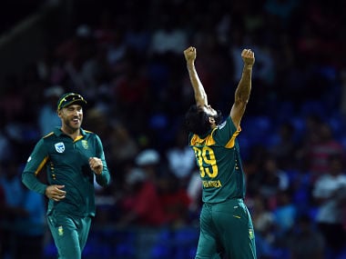 South African bowler Imran Tahir celebrates a wicket. AFP