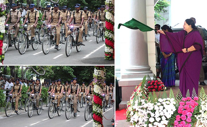 CM Jayalalithaa flags off new two- wheelers for Chennai's improved police patrolling