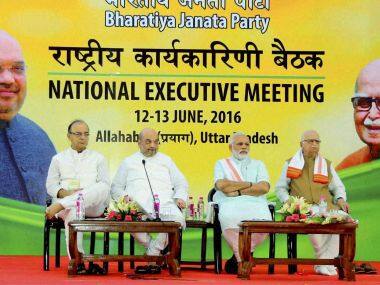 Prime Minister Narendra Modi, BJP president Amit Shah, Finance Minister Arun Jaitley and Senior BJP leader LK Advani during the party’s national executive meet in Allahabad on Sunday. PTI