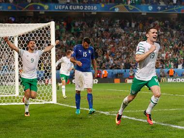 Robbie Brady celebrates after scoring against Italy. Reuters