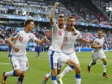 Czech Republic’s Tomas Necid celebrates with teammates after scoring second goal against Croatia. Reuters