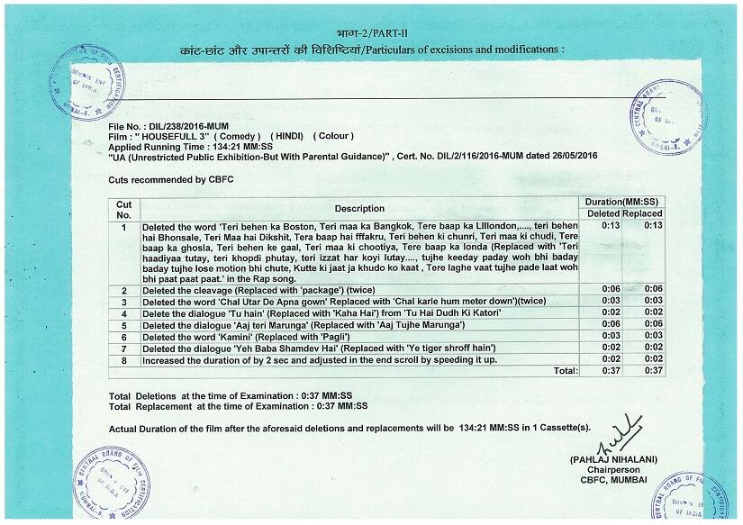 Housefull 3 Censor certificate - notations at the back