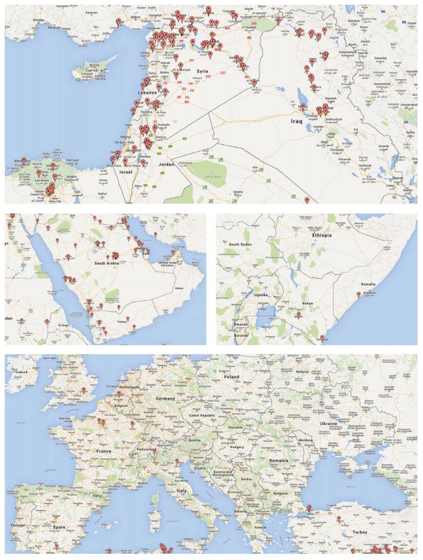 Likely ISIS supporters who sent at least one tweet out of their last 200 with location metadata enabled in the fall of 2014. Additionally, two users were located in Brazil, and one each in Indonesia and Australia. Image courtesy: Brookings Report 