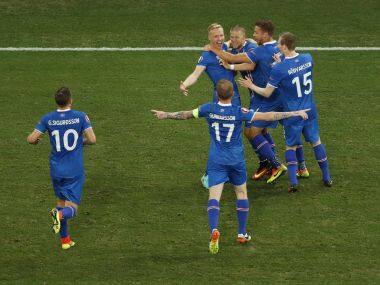 Iceland’s Kolbeinn Sigthorsson celebrates scoring their second goal against England. Reuters