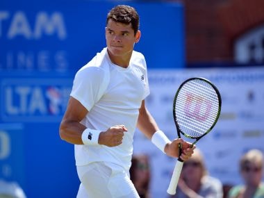 Milos Raonic celebrates after winning his match against Nick Kyrgios. AFP