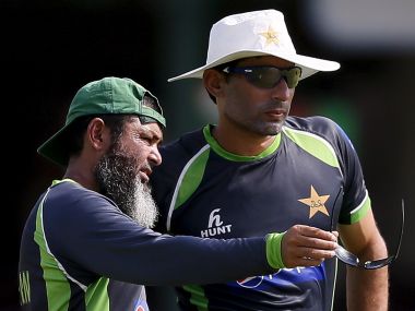 File photo of Pakistan's spin bowling coach Mushtaq Ahmed with Misbah-ul-Haq. Reuters