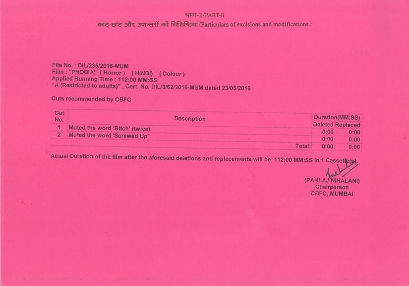 Phobia Censor certificate - notations at the back