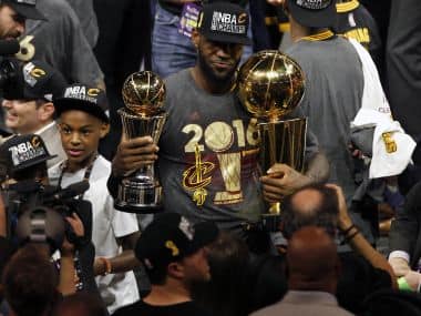 Cleveland Cavaliers forward LeBron James celebrates. Reuters