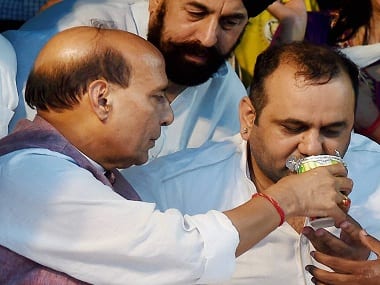 Rajnath Singh's landing at the venue for the dharna of BJP East Delhi MP Maheish Girri is significant. PTI.