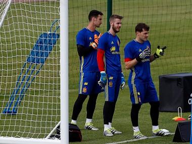 (left to right) Spain's goalkeepers Sergio Rico, David de Gea and Iker Casillas in training. AP