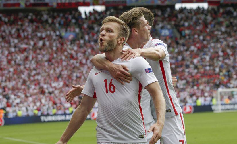 Jakub Blaszczykowski celebrates after scoring the opening goal during the Euro 2016 round of 16 match against Switzerland. AP