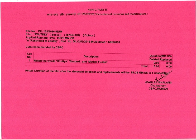 Waiting Censor certificate - notations at the back