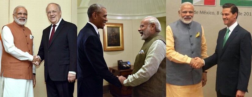 On his five-day tour, Prime Minister Narendra Modi secured the support of Swiss president Johann Schneider-Ammann (left), US president Barack Obama (centre) and Mexican president Enrique Peña Nieto (right) for India's membership in the NSG. Twitter @narendramodi