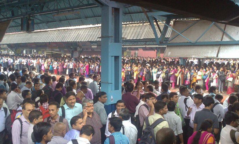 Commuters stranded at the Dombivli railway station on Tuesday.