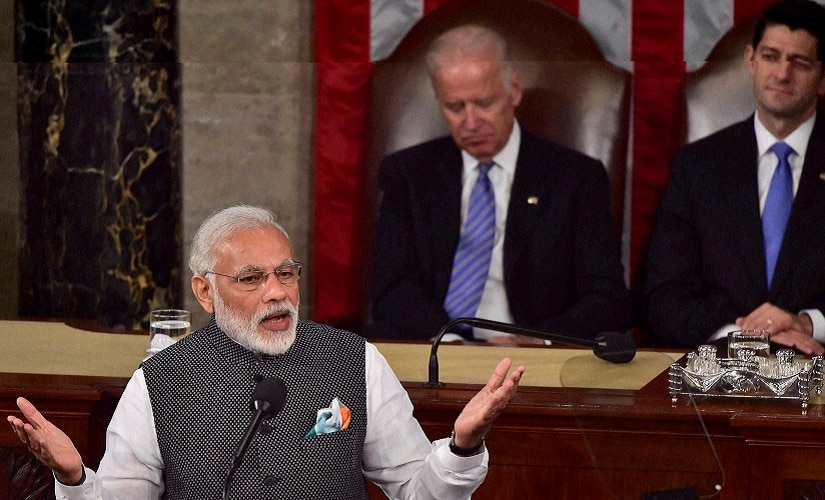 Prime Minister Narendra Modi addressing a joint meeting of Congress on Capitol Hill in Washington on Wednesday. PTI
