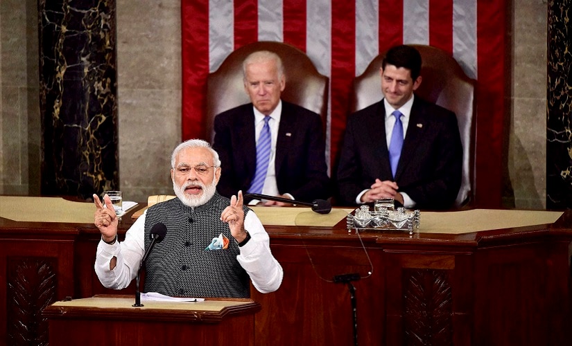 Prime Minister Narendra Modi gestures while addressing a joint meeting of Congress on Capitol Hill in Washington on Wednesday. PTI