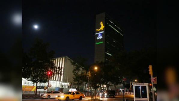 International yoga day: Image of posture projected on UN headquarters in New York