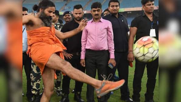 Baba Ramdev turns footballer as Bollywood stars face-off with politicians for charity
