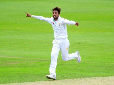 Pakistan’s Mohammad Amir celebrates taking a wicket against Somerset. AP