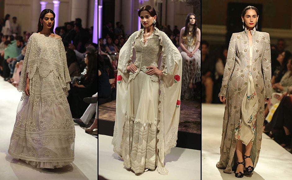 Khanna's collection used a myriad of hues such as white, beige, gold, salmon pink, celadon green, fiery red, black and yellow. Facebook/ Fashion Design Council of India Khanna's collection used a myriad of hues such as white, beige, gold, salmon pink, celadon green, fiery red, black and yellow. Facebook/ Fashion Design Council of India