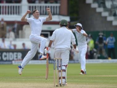 Chris Woakes celebrates taking a wicket on Day 3. AP