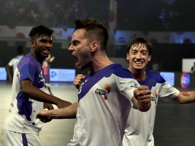 Kochi's Deives Moraes celebrates after scoring. PTI